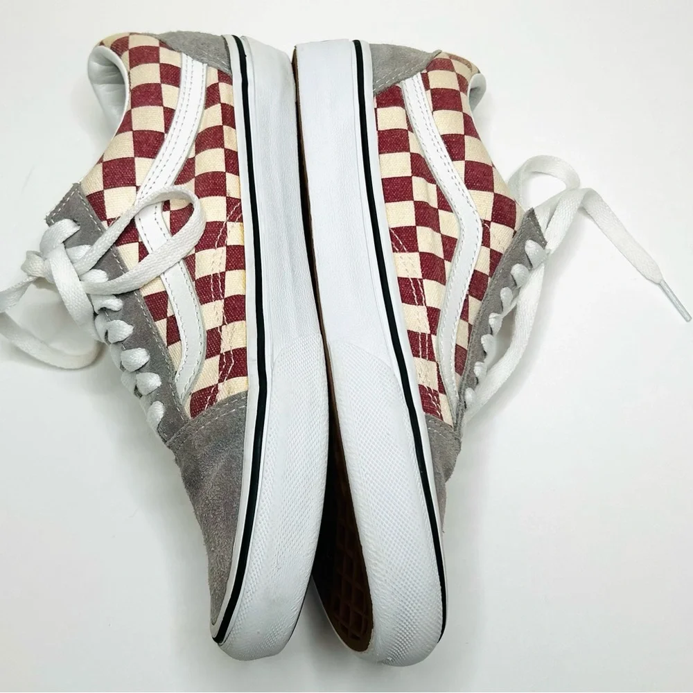 NEW VANS Old Skool Checkerboard Sneakers Burgundy Gray Suede Size 6.5